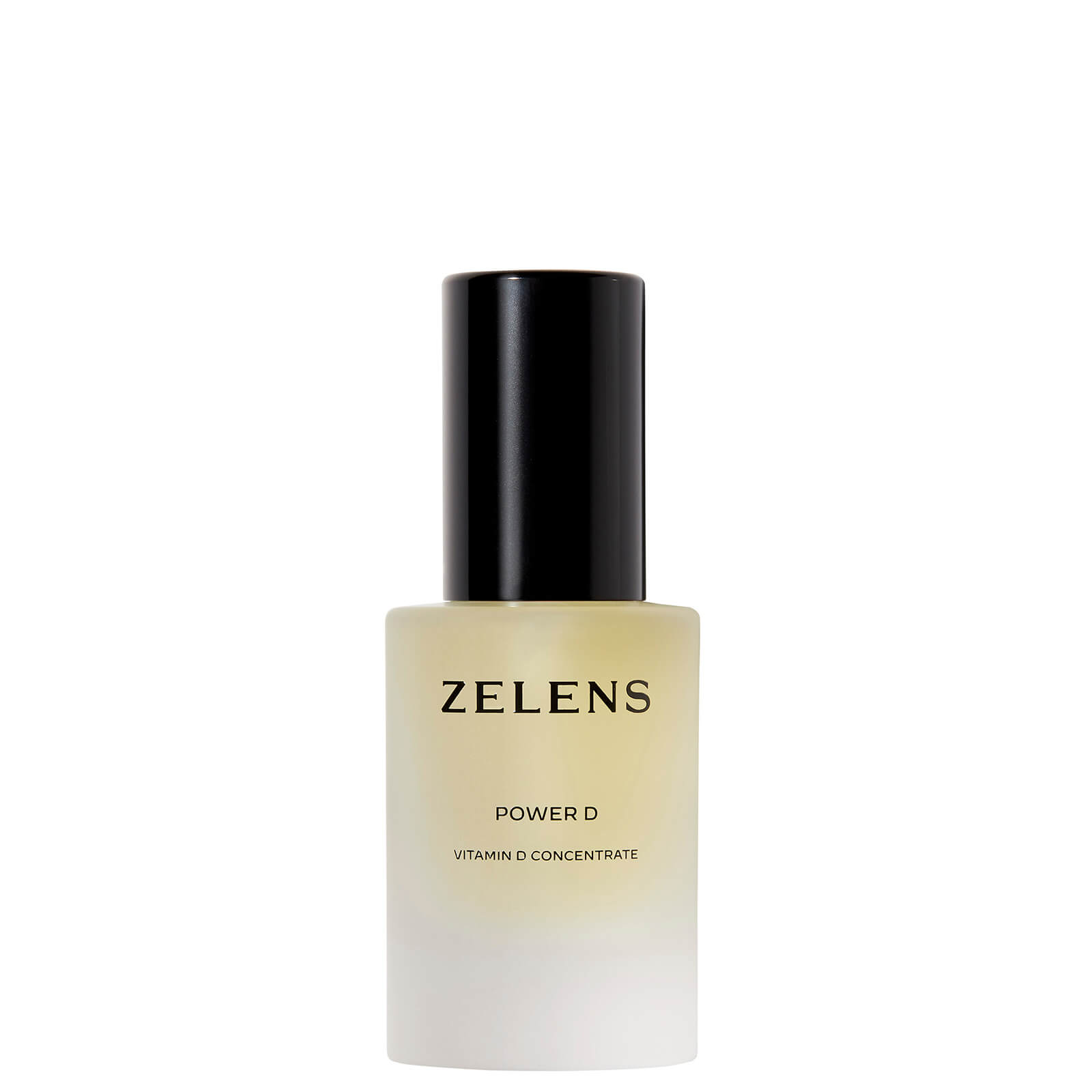 Clear glass bottle with a frosted finish, containing a pale yellow liquid, topped with a sleek black pump lid; labeled "ZELENS POWER D VITAMIN D CONCENTRATE."