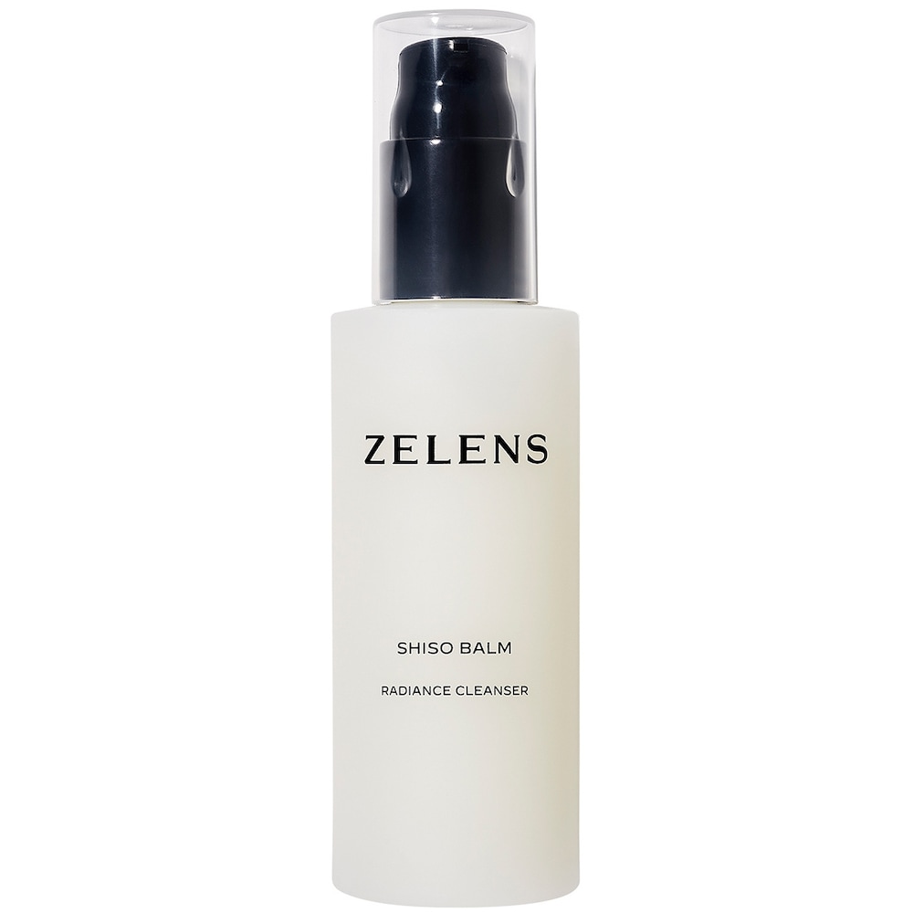 Zelens Shiso Balm Radiance Cleanser in a sleek, frosted glass bottle with a black pump top, featuring minimalist white text on the front.