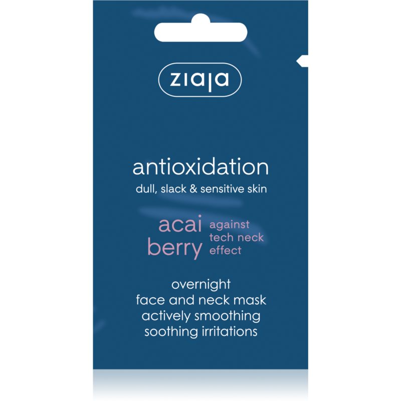 Ziaja Acai overnight face and neck mask in a 7ml blue sachet, featuring white text highlighting its antioxidant properties and benefits for dull, slack, and sensitive skin.
