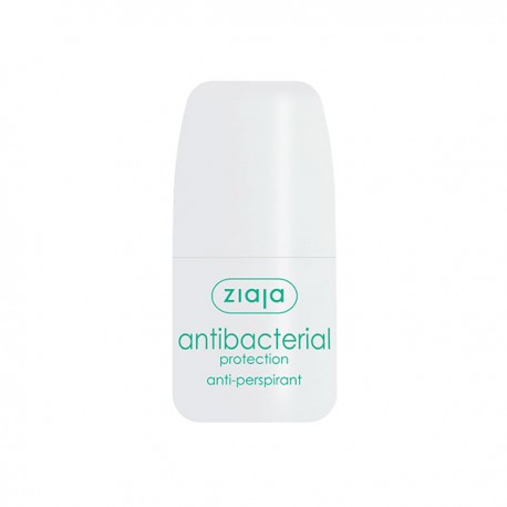 White roll-on bottle of Ziaja Active Protection Anti-Perspirant, featuring a smooth cap and green text highlighting antibacterial protection, 60ml size.