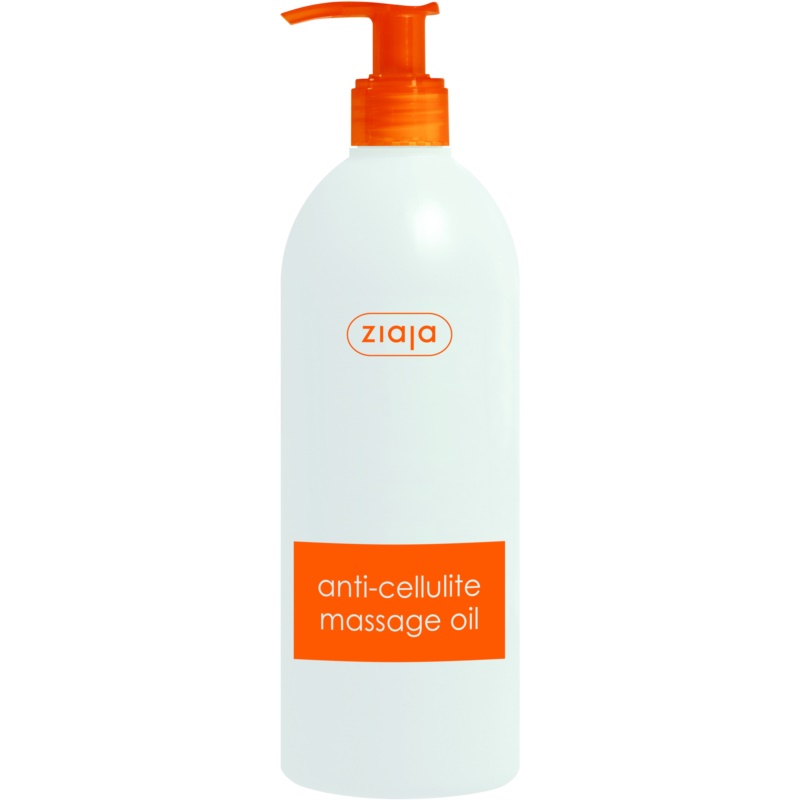 White plastic bottle with an orange pump top, featuring a bold orange label that reads "anti-cellulite massage oil" by Ziaja, 500ml size.