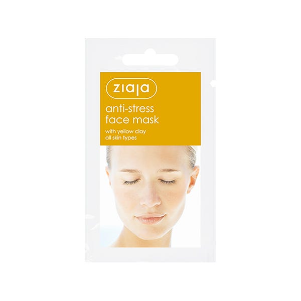 Ziaja anti-stress face mask packaging features a white background, a bright orange label, and an image of a serene woman with closed eyes, highlighting its calming properties.