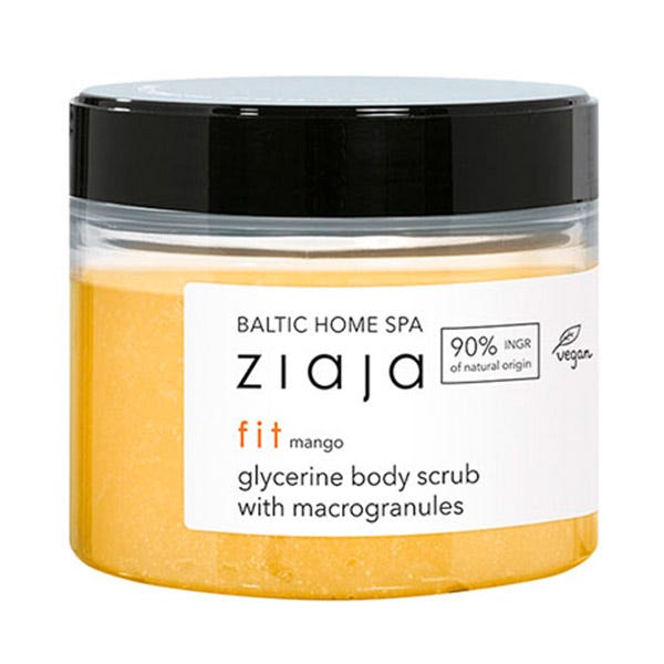 Ziaja Baltic Home Spa Fit Body Scrub in a clear jar with a black lid, featuring a vibrant yellow scrub with macro granules, labeled as vegan and 90% natural origin.