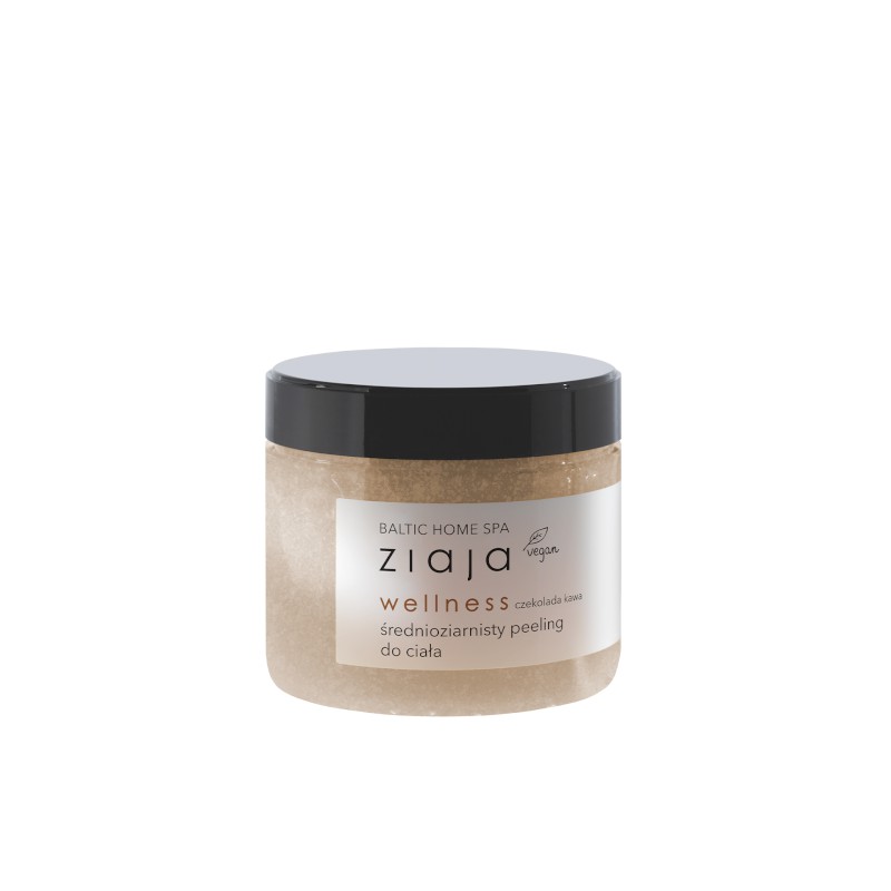 White jar of Ziaja Baltic Home Spa Wellness Medium-Grained Body Scrub, featuring a black lid and a label with product details in a minimalist design.