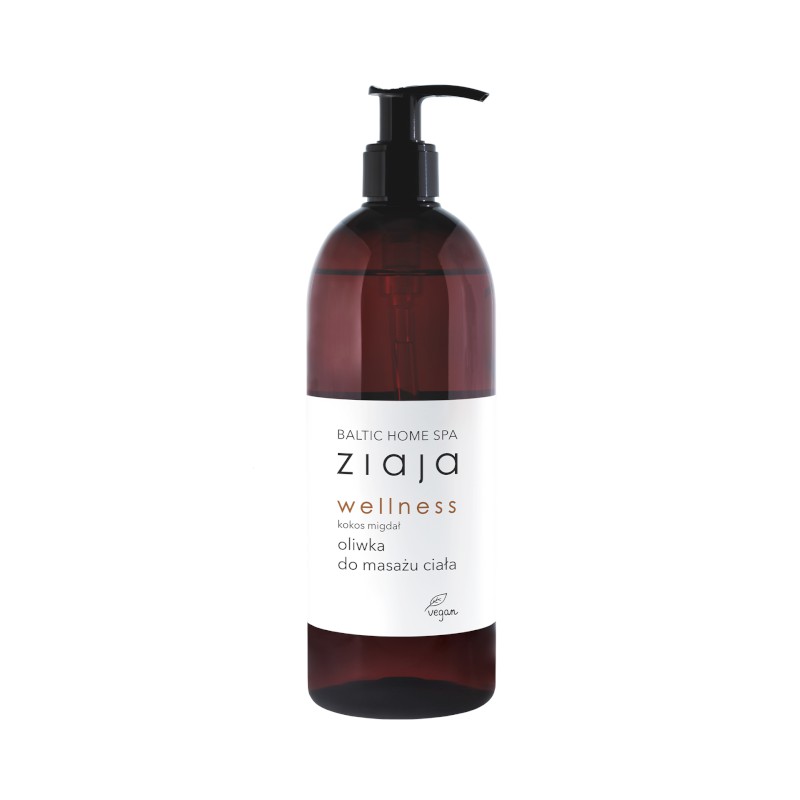 Clear plastic bottle of Ziaja Baltic Home Spa Wellness Massage Oil, 490ml, featuring a black pump dispenser and a white label with black text and a minimalist design.