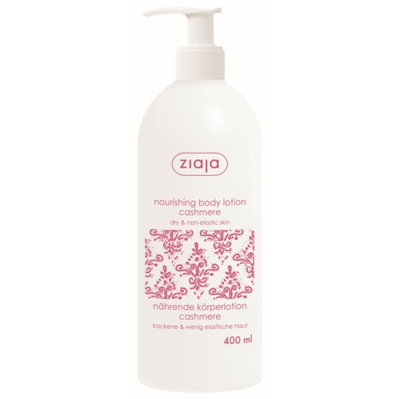 White bottle of Ziaja Cashmere Body Lotion, 400ml, featuring a pink decorative pattern and a pump dispenser, labeled for nourishing dry and non-elastic skin.