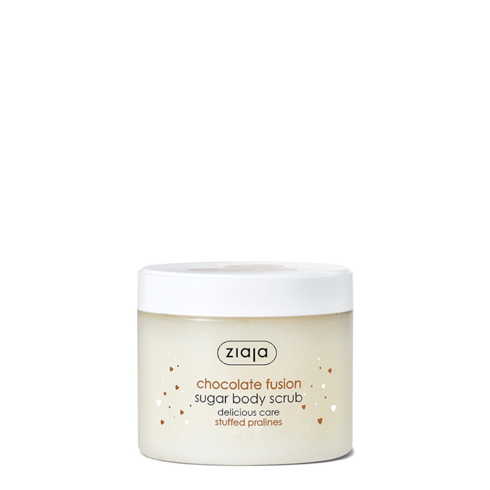 Ziaja Chocolate Fusion Sugar Body Scrub in a white 300ml jar, featuring a clear label with black text and gold heart accents, showcasing a creamy, light brown scrub inside.
