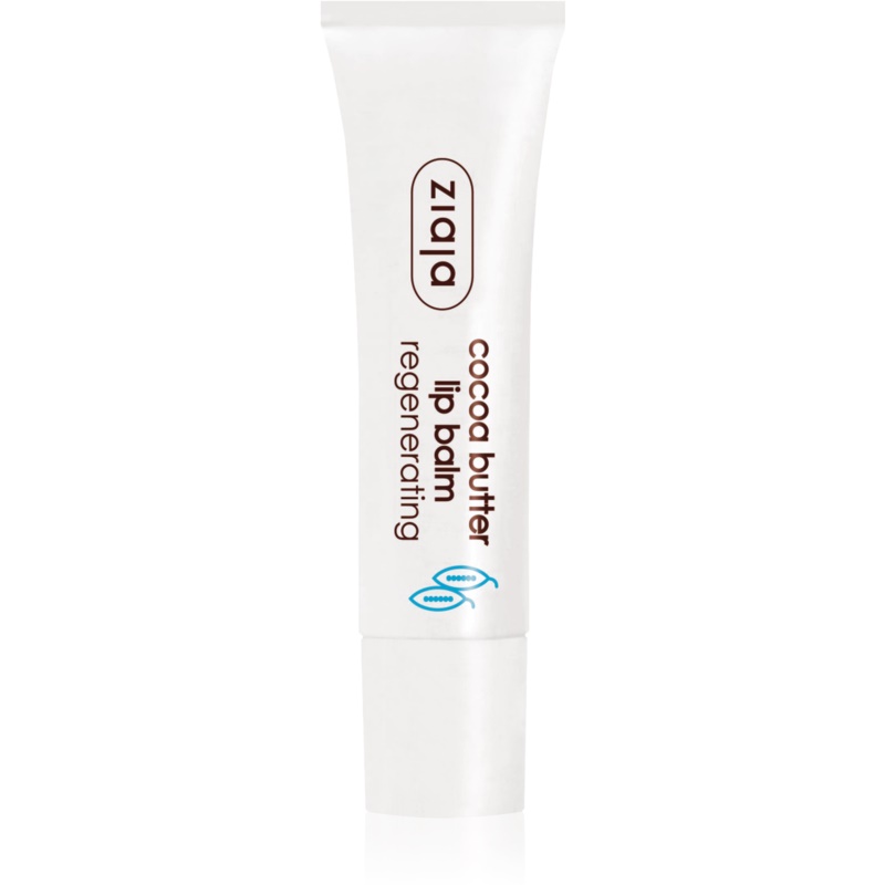 White tube of Ziaja Cocoa Butter Regenerating Lip Balm, 10ml, featuring brown text and a blue accent, highlighting its moisturizing properties.