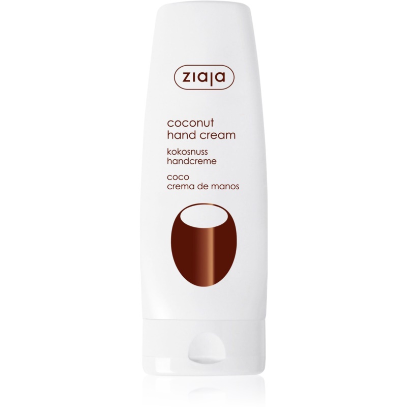 White squeeze tube of Ziaja Coconut Hand Cream, 80ml, featuring a brown coconut graphic and simple brown text on the front.