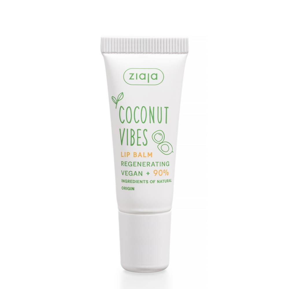 White tube of Ziaja Coconut Vibes Lip Balm, featuring green text and a coconut graphic, highlighting vegan and natural ingredients, with a 10ml capacity.