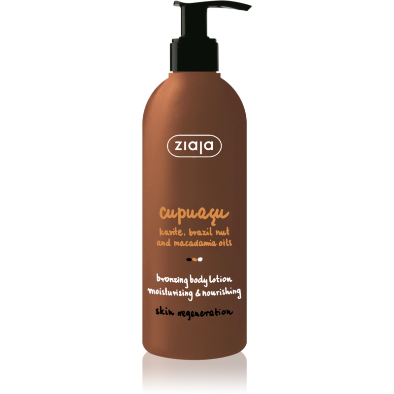Cupuacu bronzing body lotion in a sleek brown bottle with a black pump, featuring white text highlighting key ingredients and benefits, 300ml size.