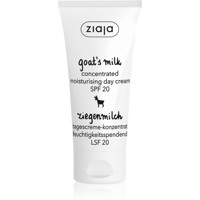 White tube of Ziaja Goat’s Milk Concentrated Moisturising Day Cream SPF 20, featuring black text and a small goat icon, with a capacity of 50ml.