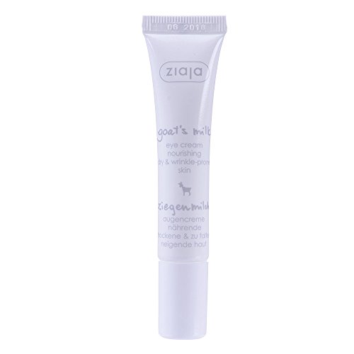 Ziaja Goat’s Milk Nourishing Eye Cream in a white tube with a twist cap, featuring a minimalist design and text indicating it's for dry and wrinkle-prone skin.