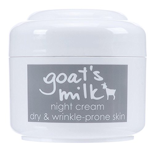 White jar of Ziaja Goat’s Milk Nourishing Night Cream, featuring a gray label with text "goat's milk" and a goat icon, designed for dry and wrinkle-prone skin.