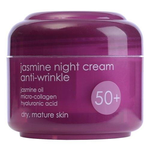 Round, purple jar of Ziaja Jasmin 50+ Anti-Wrinkle Night Cream, featuring a smooth surface and a label highlighting jasmine oil, micro-collagen, and hyaluronic acid for dry, mature skin.