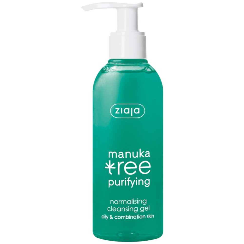 Ziaja Manuka Tree Normalising Cleansing Gel in a 200ml clear green bottle with a white pump, labeled for oily and combination skin.