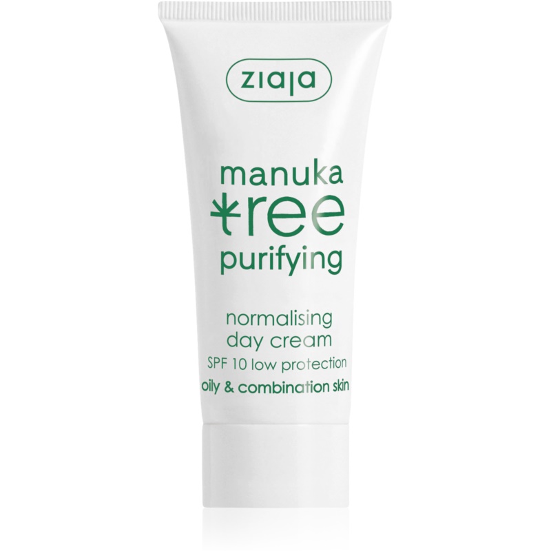 White 50ml tube of Ziaja Manuka Tree Day Cream, featuring green text, with "purifying" and "SPF 10" prominently displayed, designed for oily and combination skin.