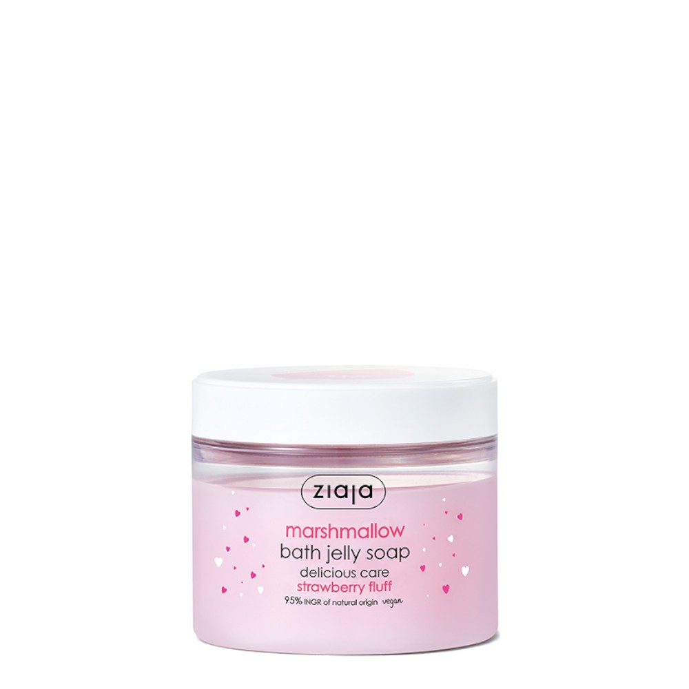 Ziaja Marshmallow Bath Jelly Soap in a clear jar with a white lid, featuring a pink jelly-like texture and decorative hearts, labeled "strawberry fluff."