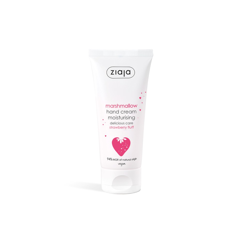 White tube of Ziaja Marshmallow Hand Cream, 50 ml, featuring pink text and a heart graphic, with a light and playful design emphasizing strawberry fluff.