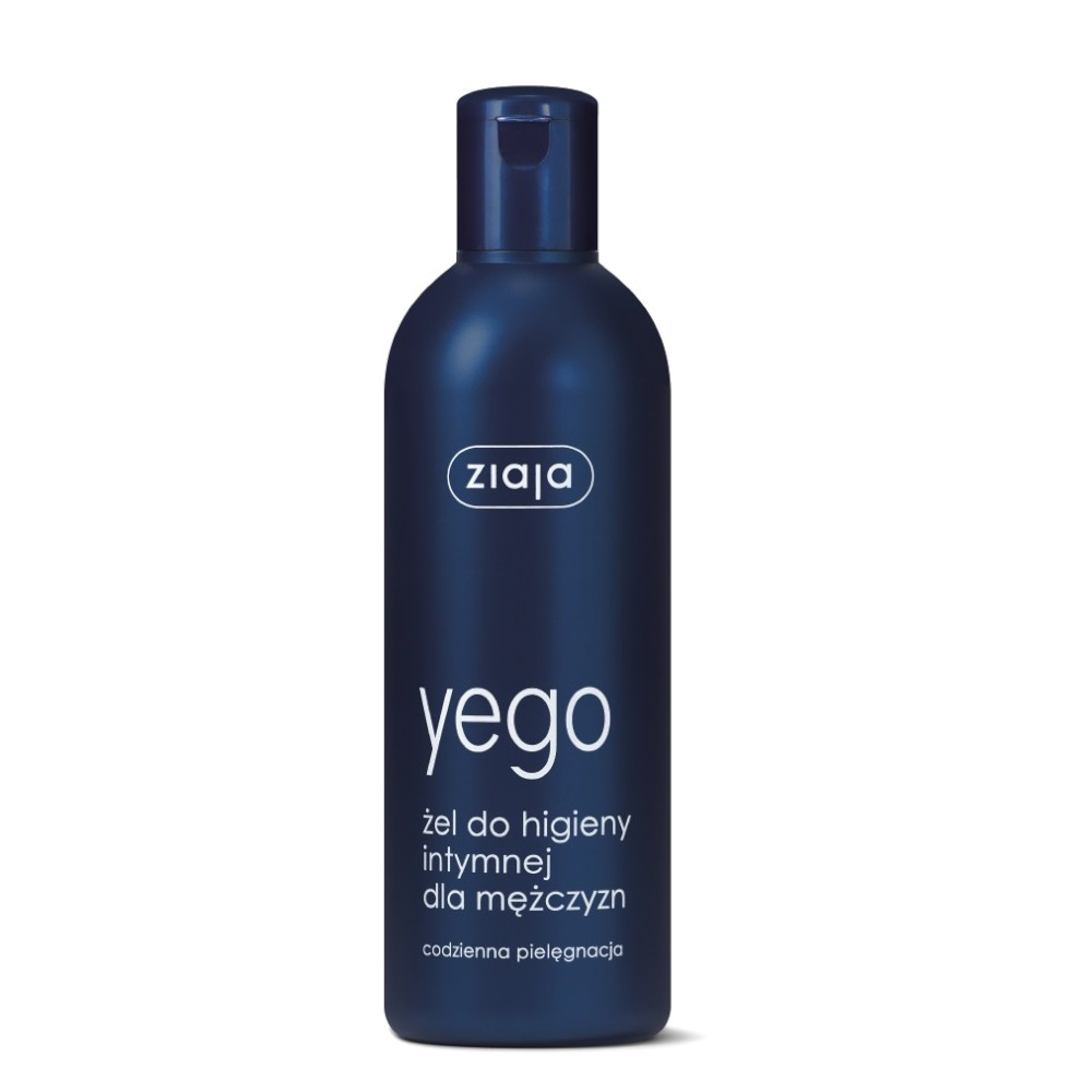 Dark blue bottle of Ziaja Intimate Wash Gel for men, featuring a sleek design, a flip-top cap, and white text detailing the product's purpose and brand.