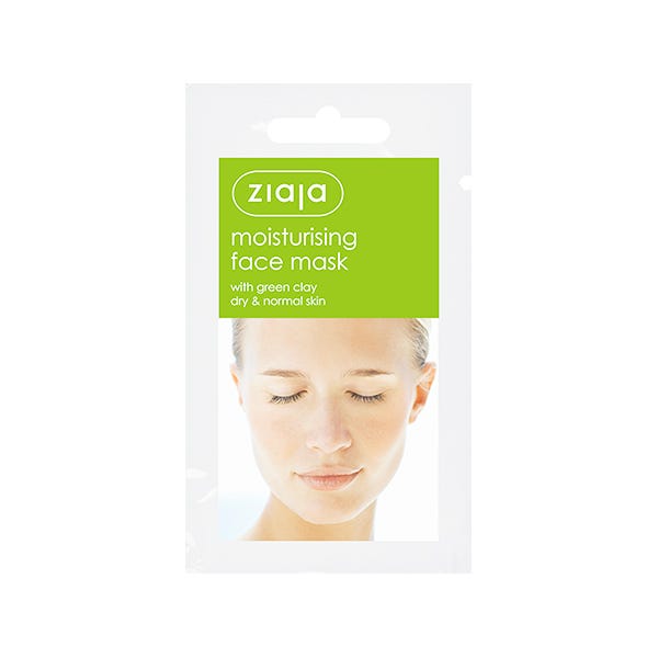 White packaging featuring a vibrant green label with "Ziaja Moisturising Face Mask" text, alongside an image of a serene woman with closed eyes, highlighting its suitability for dry and normal skin.
