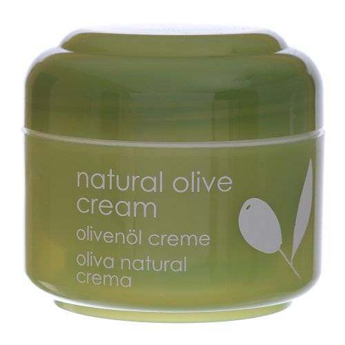 Ziaja Olive Oil Cream in a 50ml green jar with a smooth finish, featuring white text that reads "natural olive cream" and an olive graphic on the front.