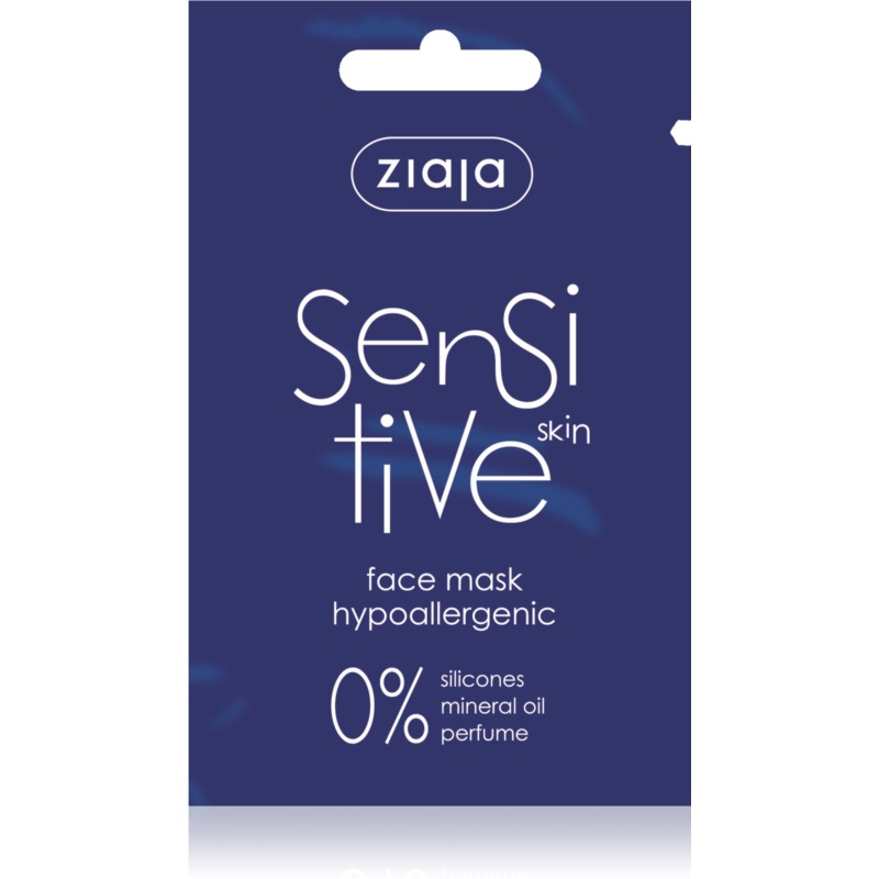 Ziaja Sensitive Skin Face Mask in a 7ml blue sachet, featuring bold white text, hypoallergenic label, and a 0% silicones, mineral oil, and perfume claim.