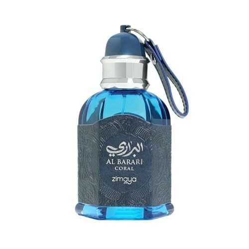 Blue glass bottle with a textured dark blue label, silver cap, and a blue strap, featuring Arabic script and the name "Zimaya Al Barari Coral EDP 100ml."