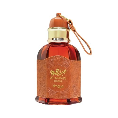 Amber glass bottle with a textured brown leather label, gold accents, and a decorative cap, featuring the name "Al Barari Shore" in elegant script.