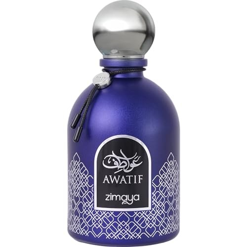 Blue metallic bottle with a silver spherical cap, featuring a black label with white text "AWATIF" and intricate white patterns, containing 3.4 oz of Zimaya Awatif Blue Eau De Parfum for men.