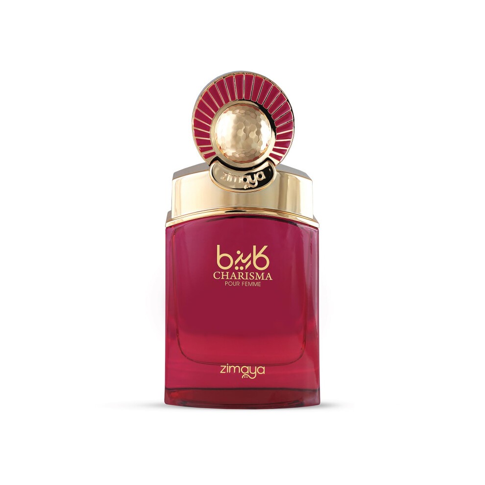 Afnan Zimaya Charisma Eau De Parfum features a bold red glass bottle with a gold cap and decorative fan design, elegantly labeled for women, containing 3.4 oz of fragrance.