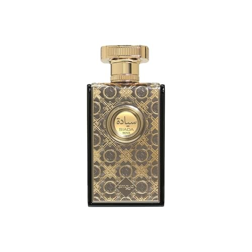 Elegant black and gold glass bottle of Zimaya Siada Nova EDP, featuring intricate geometric patterns and a textured gold cap, labeled in Arabic and English.