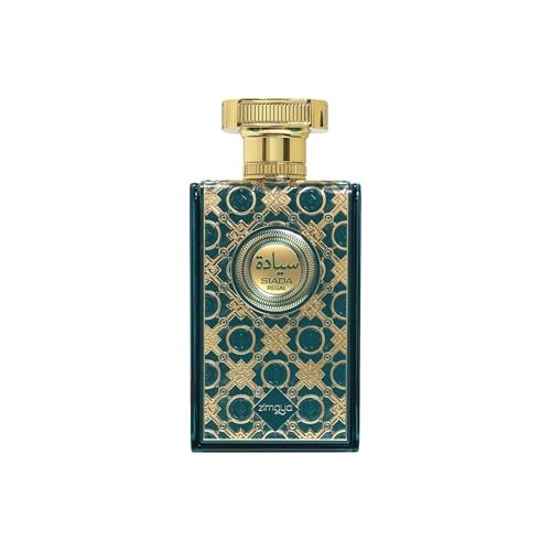 Elegant glass perfume bottle with intricate gold and teal design, featuring a round gold cap and a central label that reads "Siada Regal" in Arabic and English.