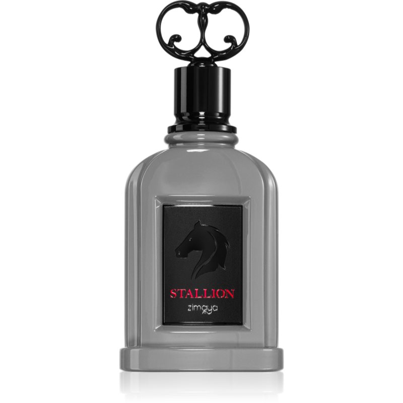 Gray glass bottle with a black ornate cap, featuring a black label with a horse silhouette and the word "STALLION" in red, containing 3.4 oz of Zimaya EAU DE PARFUM for men.
