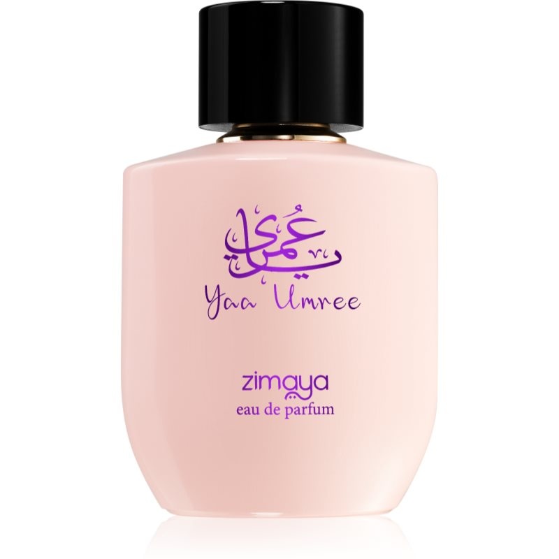 Light pink bottle with a sleek design, featuring a black cap and elegant purple script reading "Yaa Umree" and "zimaya" on the front, containing 3.4 oz of unisex eau de parfum.