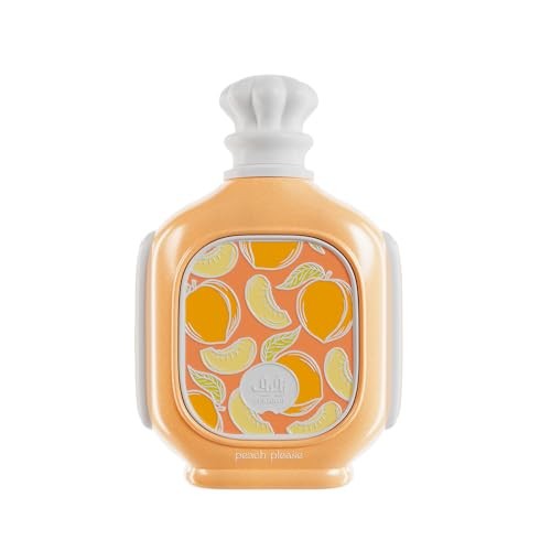 Peach-colored perfume bottle featuring a white cap and a decorative label with peach and citrus illustrations, labeled "Peach Please" in elegant font.