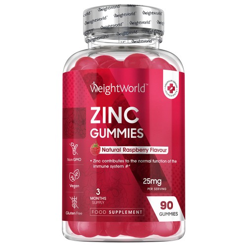 Transparent bottle filled with vibrant red zinc gummies, labeled "Zinc Gummies 50mg" in white text, featuring a raspberry flavor and a vegan, gluten-free symbol.