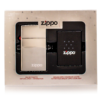 A Zippo gift set featuring a 50ml Eau De Toilette in a clear bottle and a black windproof lighter, both displayed in a sleek, branded box.