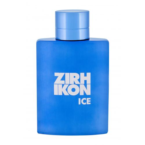 Blue rectangular bottle of Zirh Ikon Blue Ice Eau De Toilette, featuring a matte finish and a silver cap, with bold white lettering on the front.