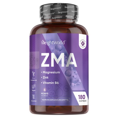 ZMA capsules in a dark amber bottle with a purple label, featuring the WeightWorld logo, listing magnesium, zinc, and vitamin B6, containing 180 capsules for a 6-month supply.