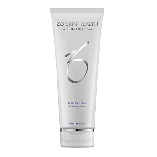 White tube with a sleek design, featuring silver accents and the ZO Skin Health logo, labeled "Body Emulsion" in blue, containing 24 fl oz of product.