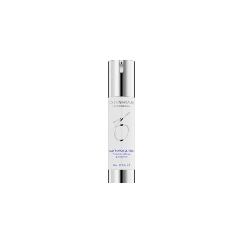 ZO Skin Health Daily Power Defense Serum in a sleek, silver and white bottle with a pump dispenser, labeled clearly with product details, 1.6 oz size.