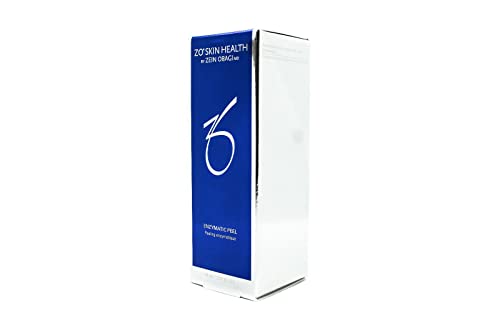 Blue and white box with sleek design, featuring "ZO Skin Health" logo prominently on the front, labeled "Enzymatic Peel" for skincare use.