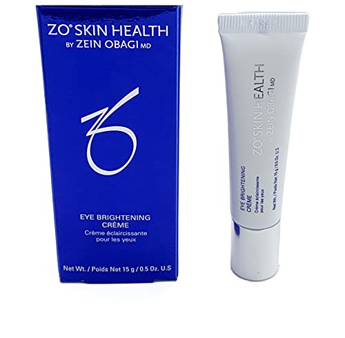 Bright blue box with white text labeled "ZO Skin Health" and "Eye Brightening Crème," alongside a white tube with a silver cap, both featuring the ZO logo.