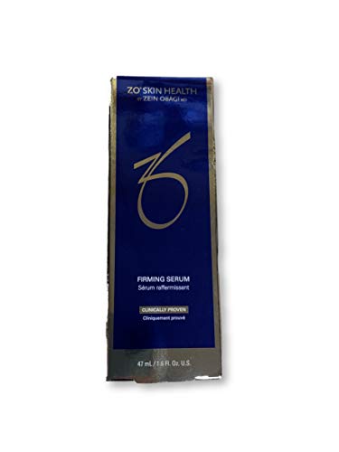 Blue and silver packaging of ZO Skin Health Firming Serum, featuring a sleek design with a prominent "6" logo and detailed product information, 1.6 oz size.