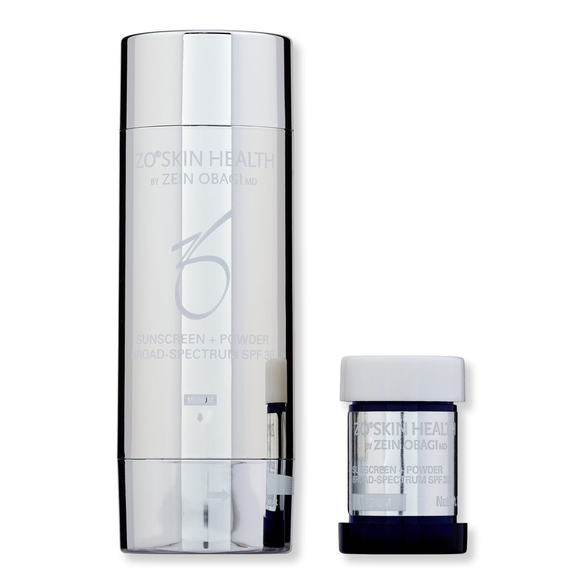 Sleek silver bottle of ZO Skin Health Sunscreen + Powder Broad-Spectrum SPF 30, featuring a medium shade, with a smaller container beside it for easy application.