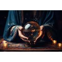 Crystal ball held by hands in blue robe, surrounded by candles on a patterned cloth, for a clairvoyance phone reading.