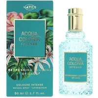 Aqua blue glass bottle with gold cap, 4711 Acqua Colonia Intense, floral box design, 50ml Eau De Cologne.