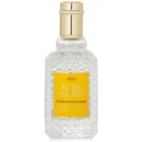 Clear glass bottle with textured design, gold cap, and yellow label for 4711 Acqua Colonia Starfruit White Flowers cologne.
