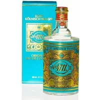 Clear glass bottle of 4711 Eau De Cologne, 800ml, with ornate gold and turquoise label, boxed in matching design.